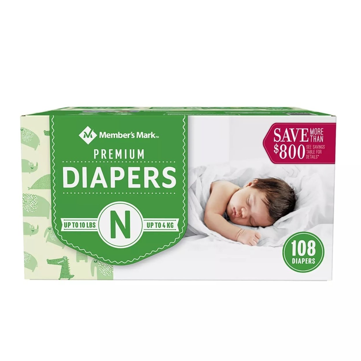 Member's Mark Premium Baby Diapers, Newborn Size (<10 Pounds), 108 Count