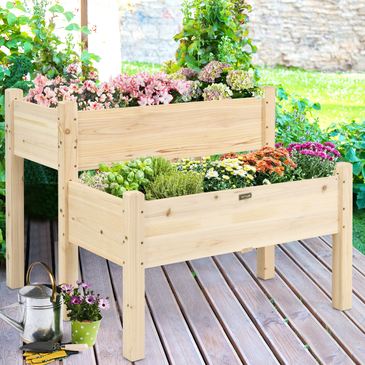 2 Tier Wooden Raised Garden Bed Elevated Planter Box W/Legs Drain Holes