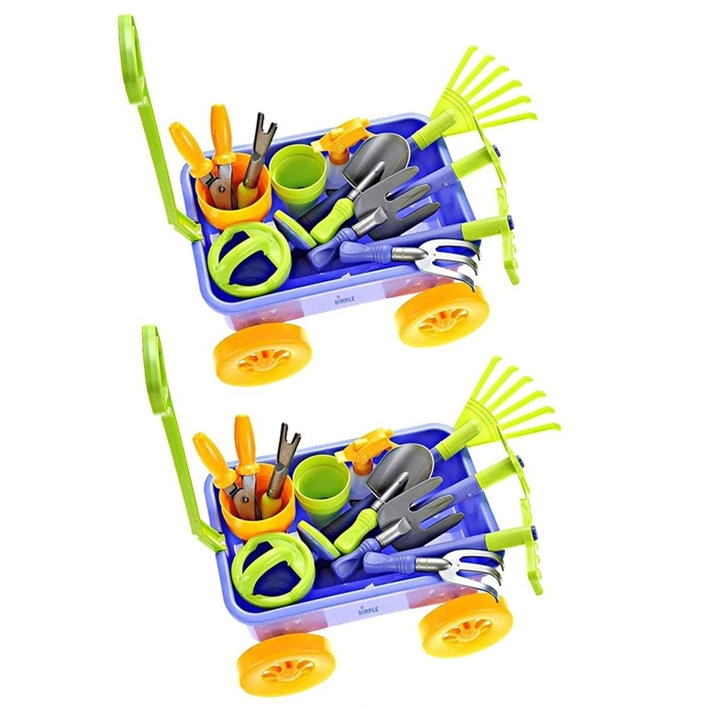 (2 Set) Dimple 15-Piece Gardening Tools & Wagon Toy Set Sturdy & Durable Garden Toy - Great Christmas Gift For Kids & Toddlers