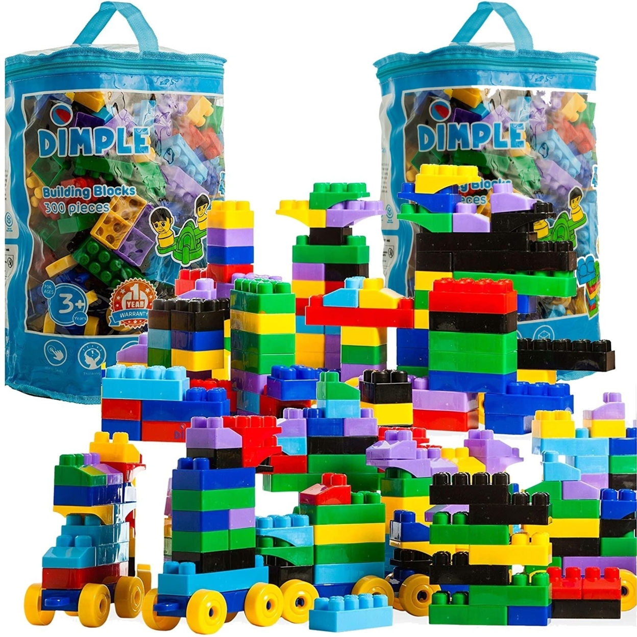 (2 Set) Dimple 300 Pieces Soft Kid-Friendly Plastic Multicolored Building Block Set With Wheeled Train Pieces, Gift For Kids & Toddlers