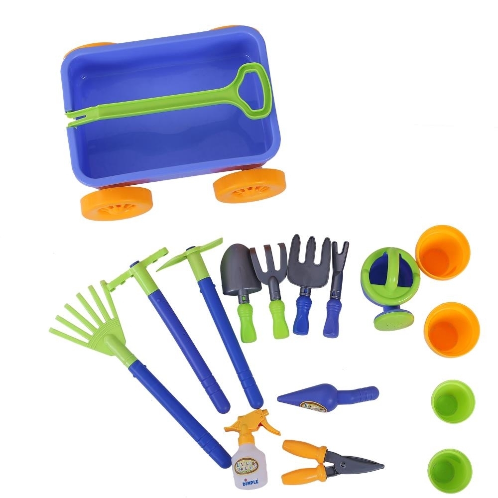 (2 Set) Dimple 15-Piece Gardening Tools & Wagon Toy Set Sturdy & Durable Garden Toy - Great Christmas Gift For Kids & Toddlers