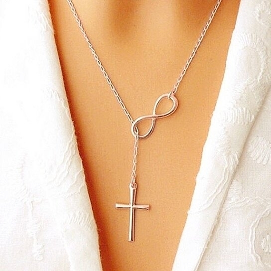 Silver Filled High Polish Finsh Infinity Drop Cross Lariat Necklace