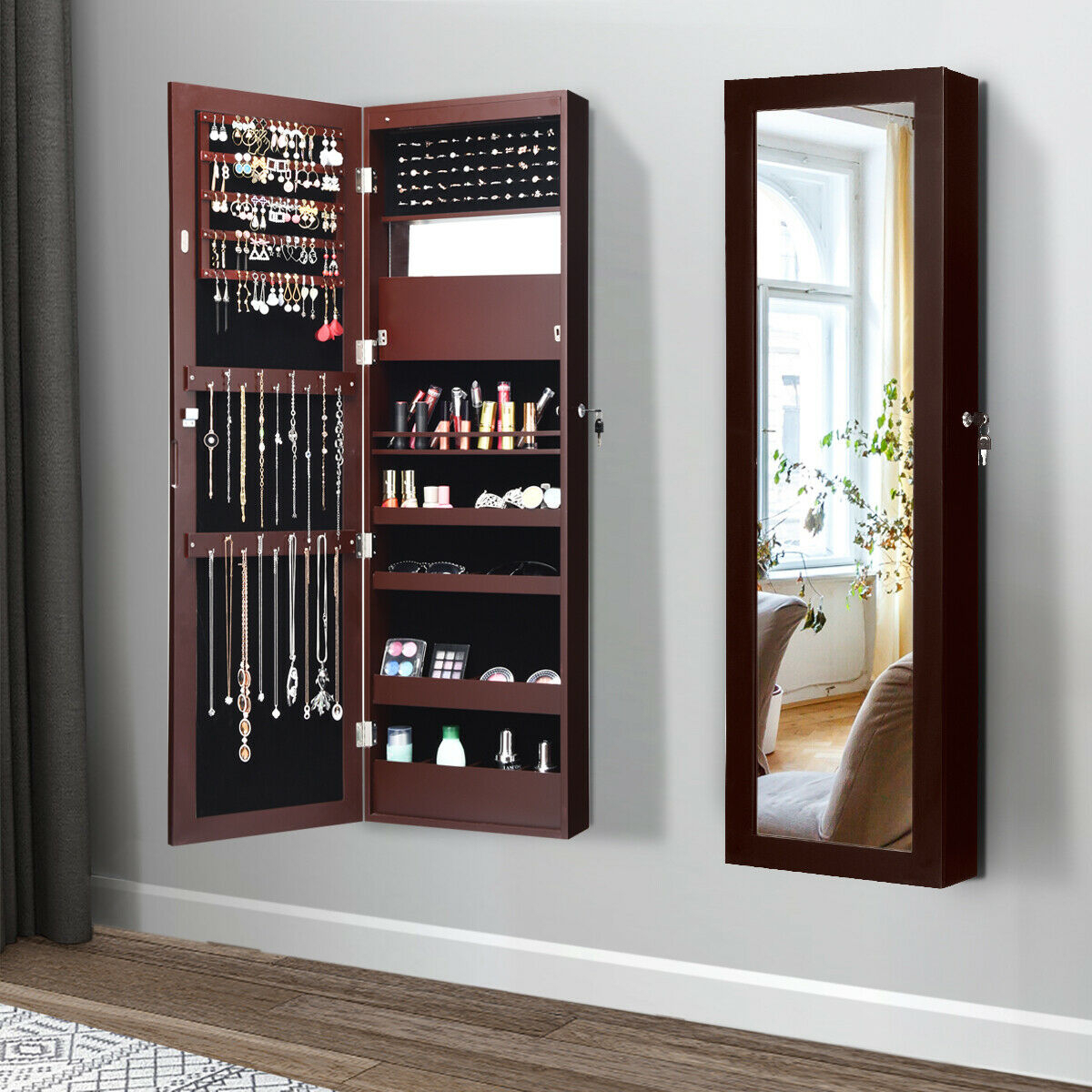 Wall Door Mounted Lockable Jewelry Cabinet Armoire Organizer W/LED - White