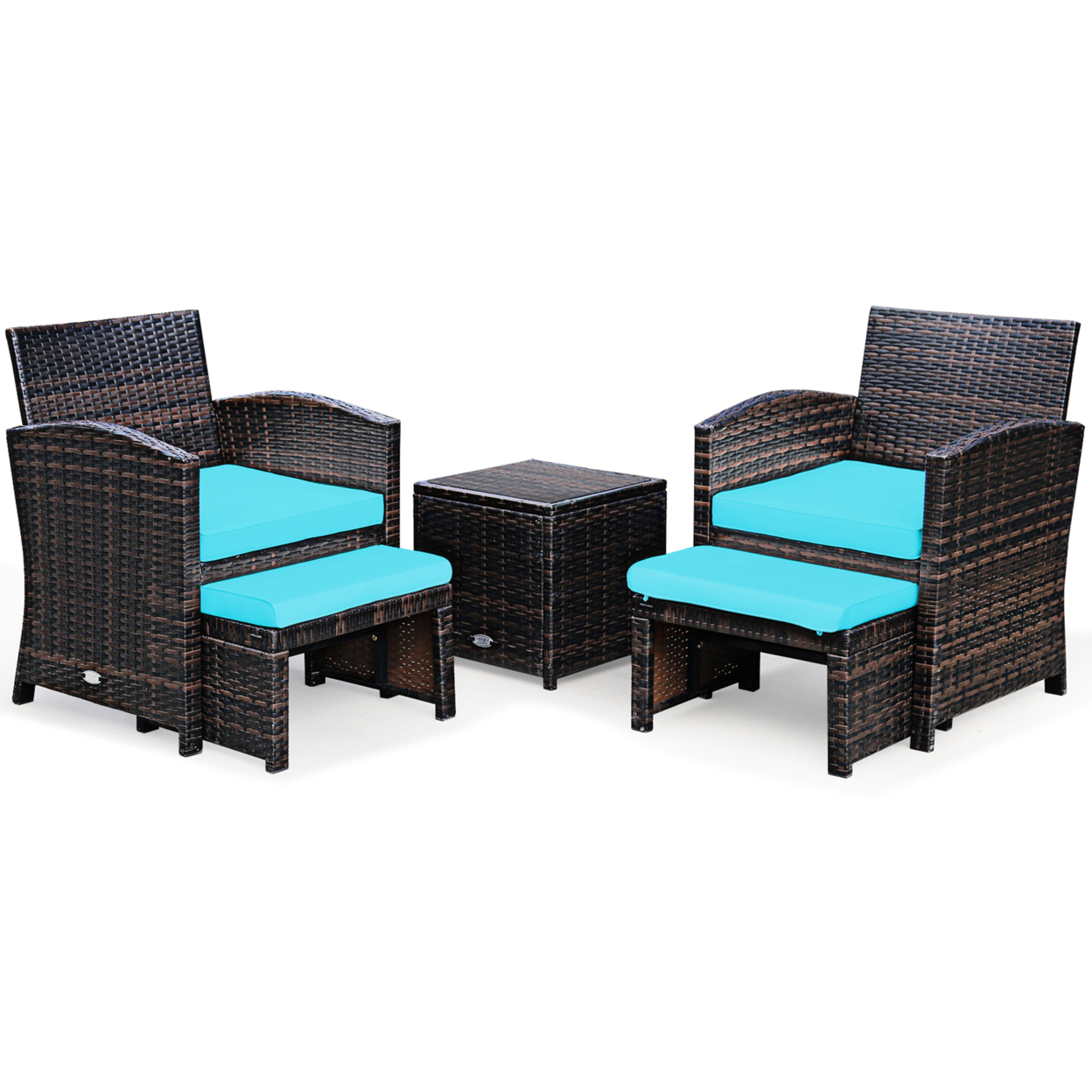 5PCS Rattan Patio Furniture Set Chair & Ottoman Set W/ Turquoise Cushions