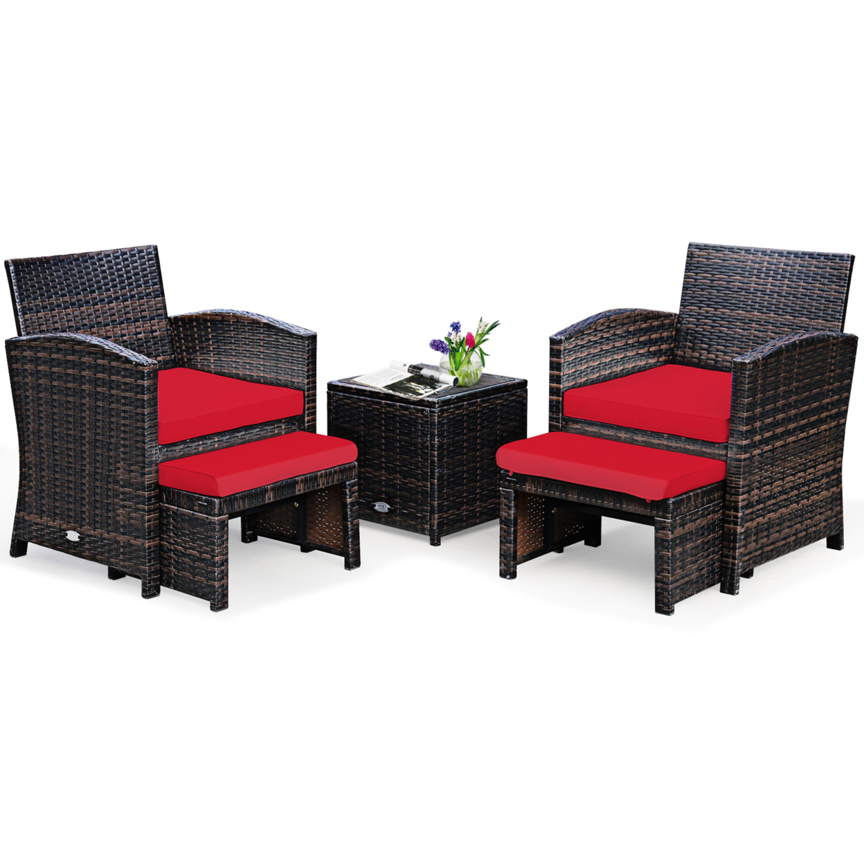5PCS Rattan Patio Furniture Set Chair & Ottoman Set W/ Red Cushions