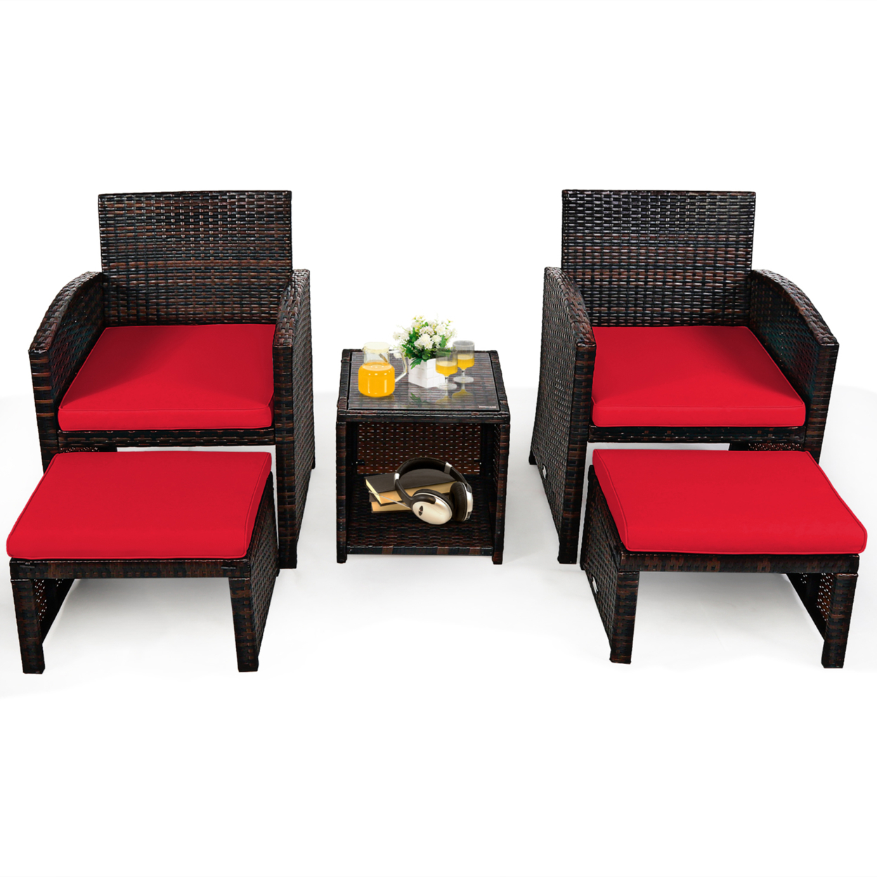 5PCS Rattan Patio Furniture Set Chair & Ottoman Set W/ Red Cushions