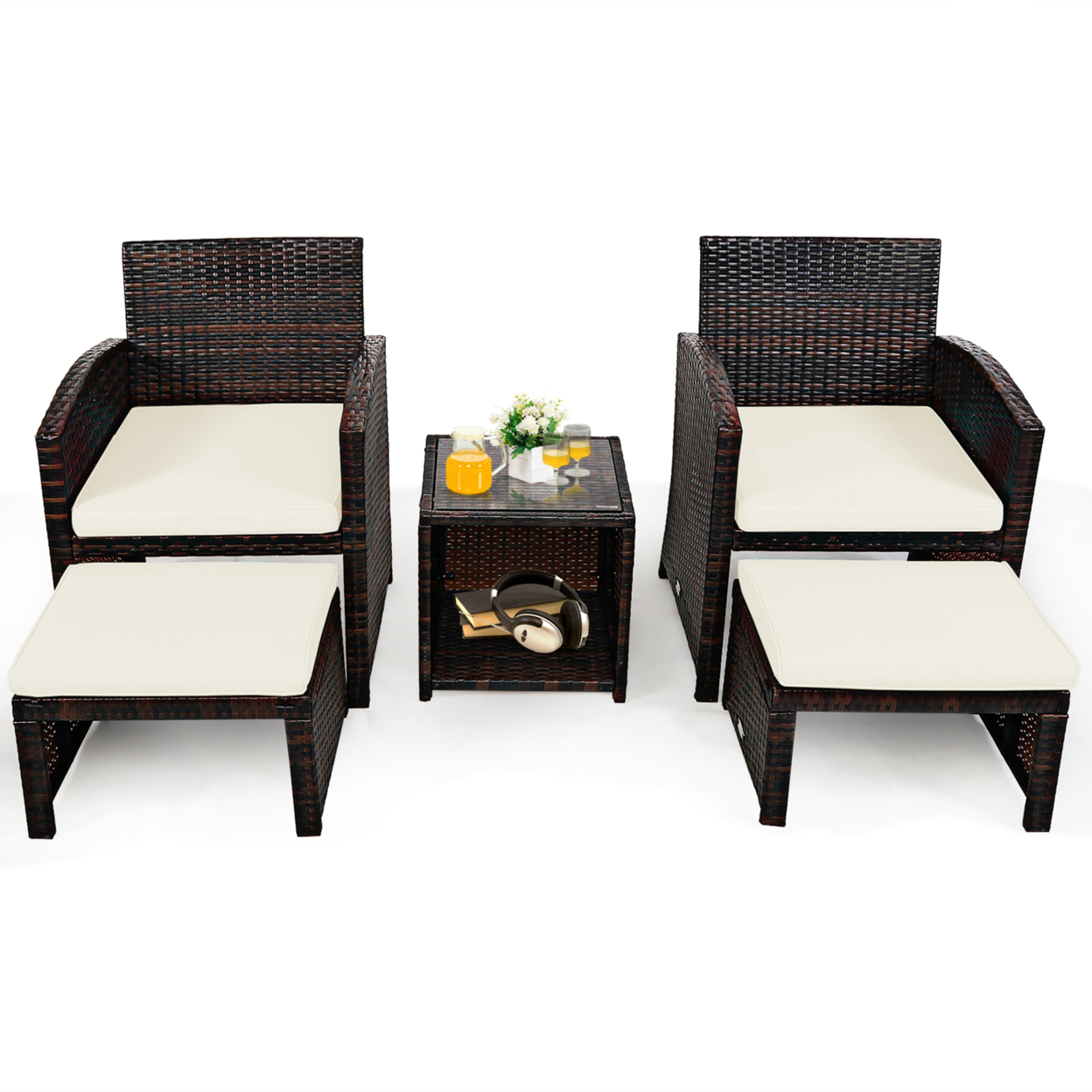 5PCS Rattan Patio Furniture Set Chair & Ottoman Set W/ White Cushions
