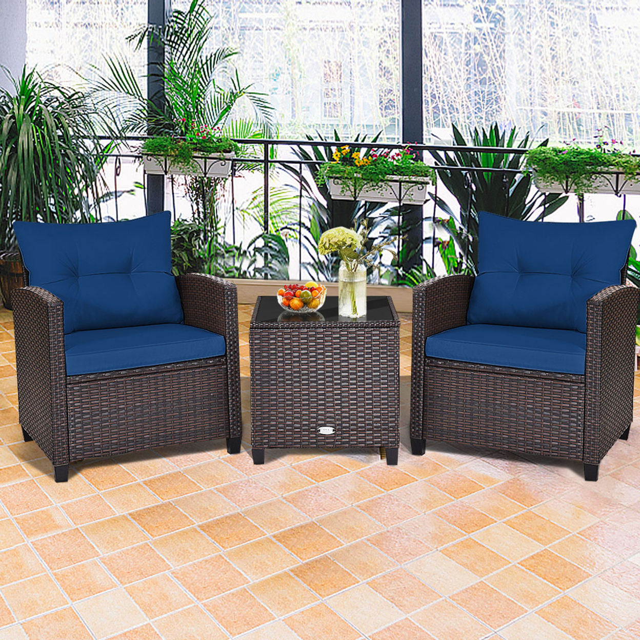 3PCS Outdoor Patio Rattan Conversation Set Garden Yard W/ Navy Cushions