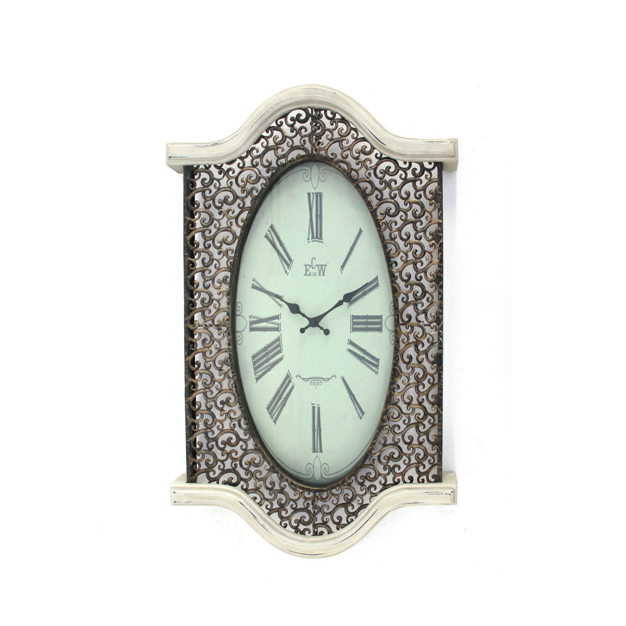 Wall Clock With Scalloped Wooden Top And Bottom, White- Saltoro Sherpi