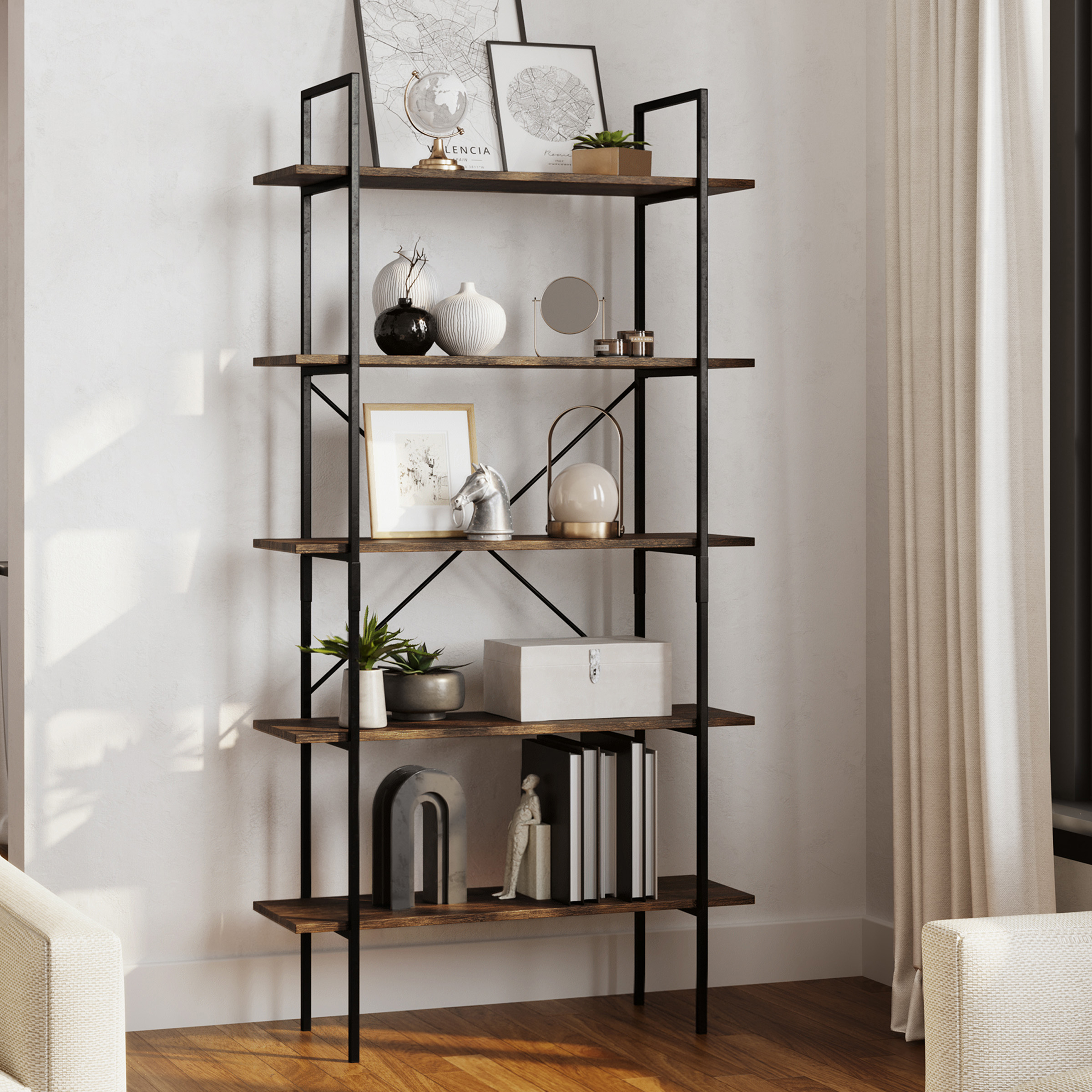 5 Tier Freestanding Bookshelf Bookcase 5 Wooden Shelves Metal Bars