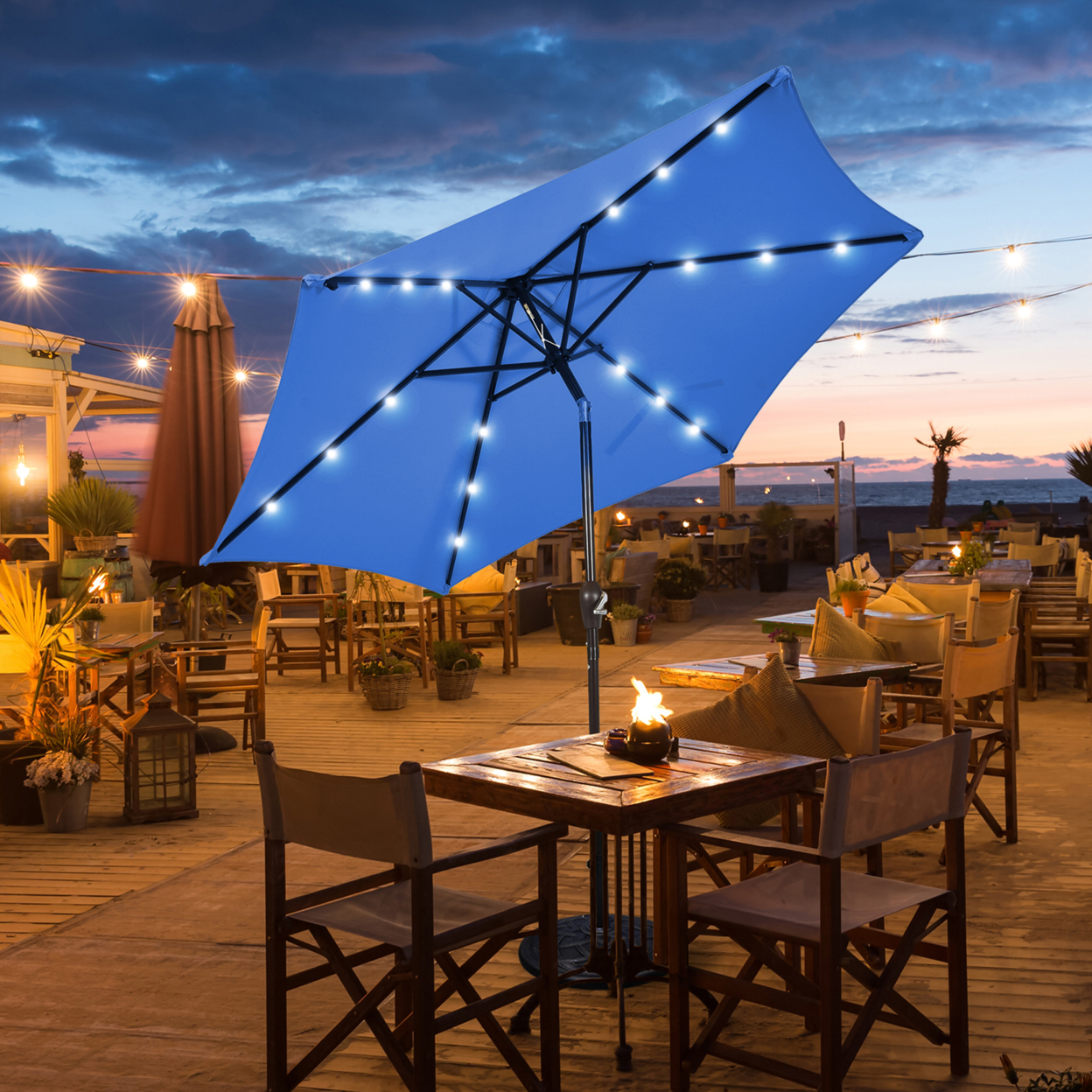 9 Ft Patio Table Market Umbrella Yard Outdoor W/ Solar LED Lights - Blue