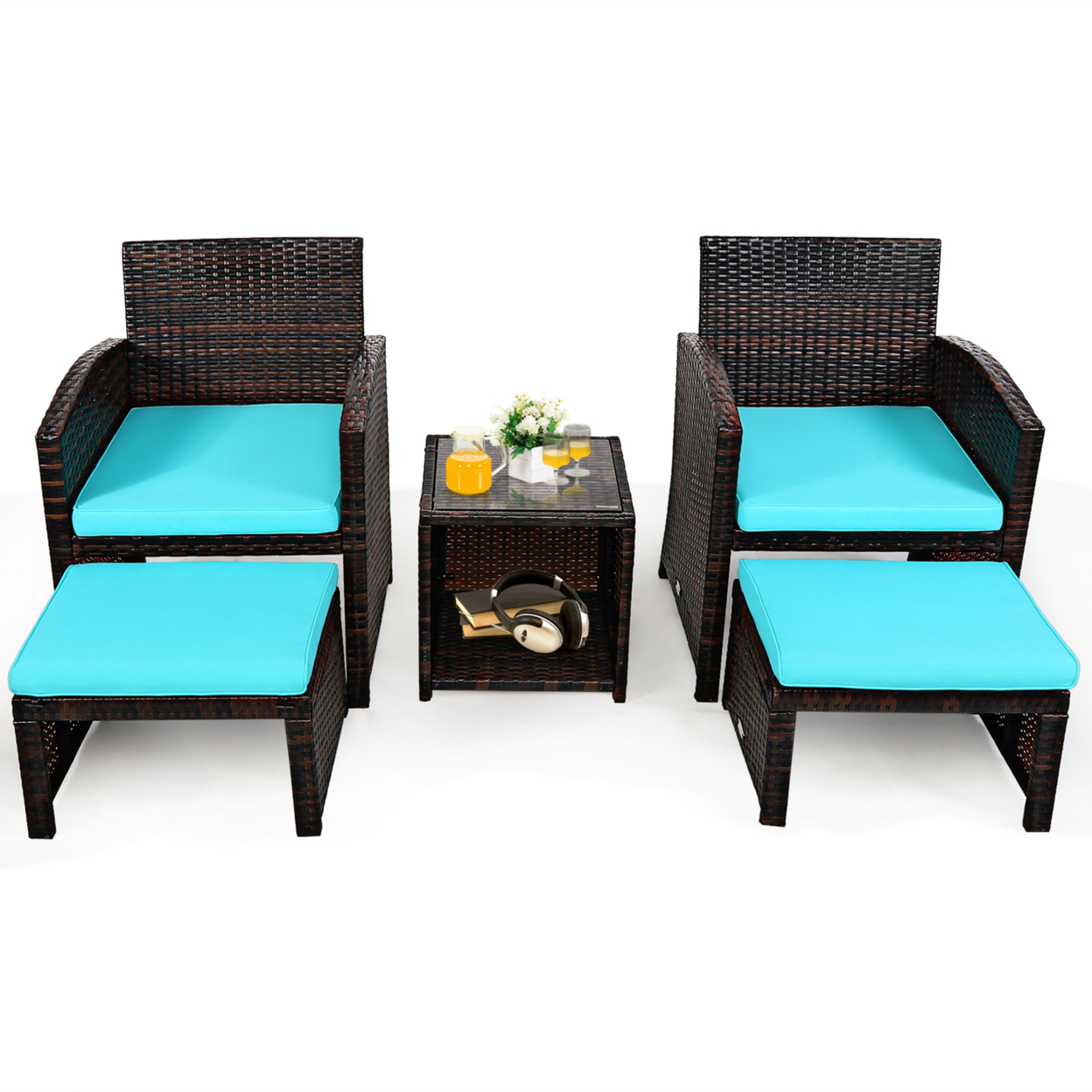 5PCS Rattan Patio Furniture Set Chair & Ottoman Set W/ Turquoise Cushions