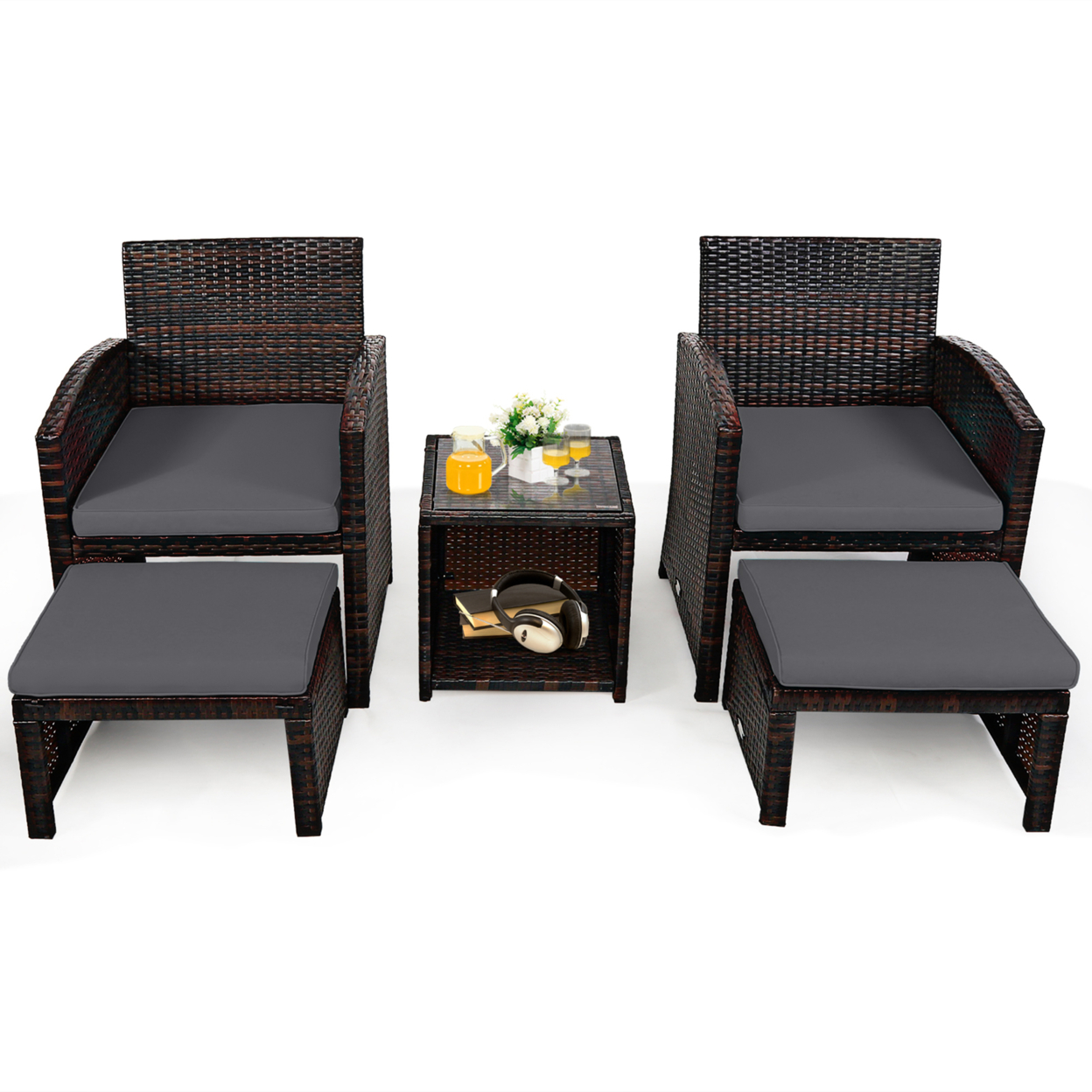 5PCS Rattan Patio Furniture Set Chair & Ottoman Set W/ Grey Cushions