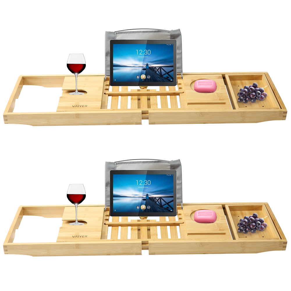 (2 Set) Vaiyer Bamboo Bathtub Tray Caddy Wooden Bath & Bed Tray Table With Extending Sides Reading Rack Wine Glass Holder Organizer Tray