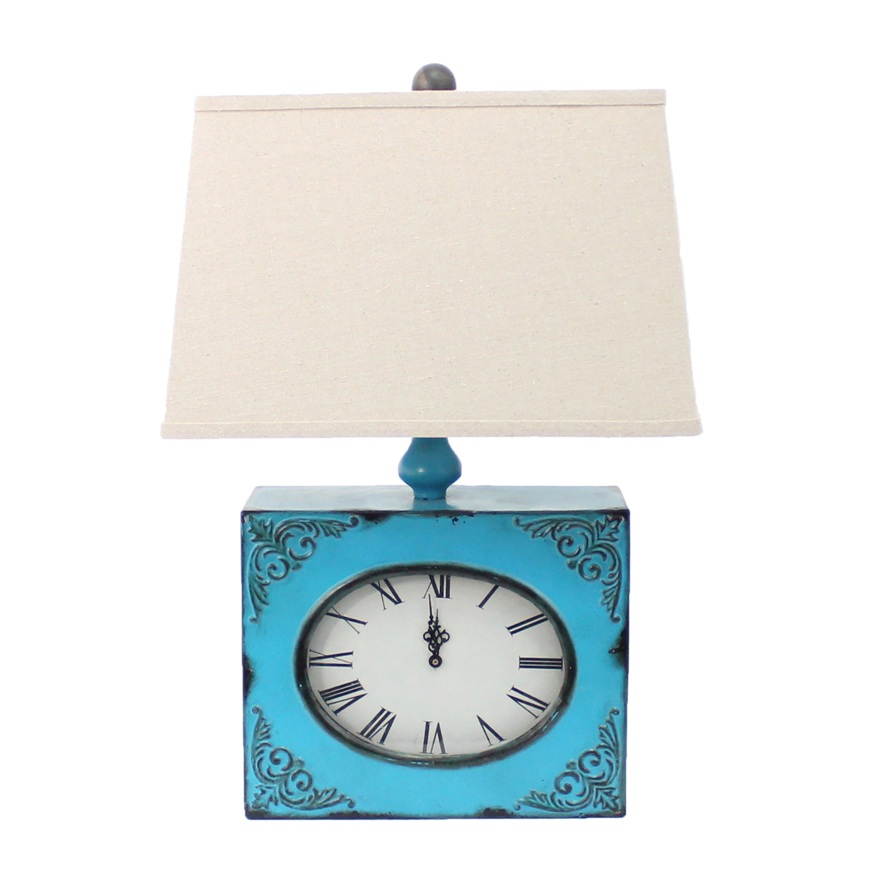 Clock Design Metal Table Lamp With Tapered Shade, Blue And Beige- Saltoro Sherpi