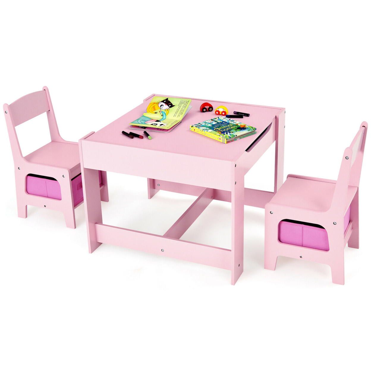 3 In 1 Kids Wood Table Chairs Set W/ Storage Box Blackboard Drawing Pink