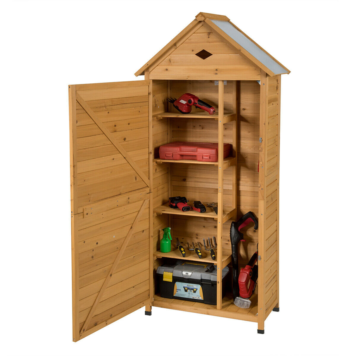 Outdoor Storage Shed Lockable Wooden Garden Tool Storage Cabinet W/ Shelves
