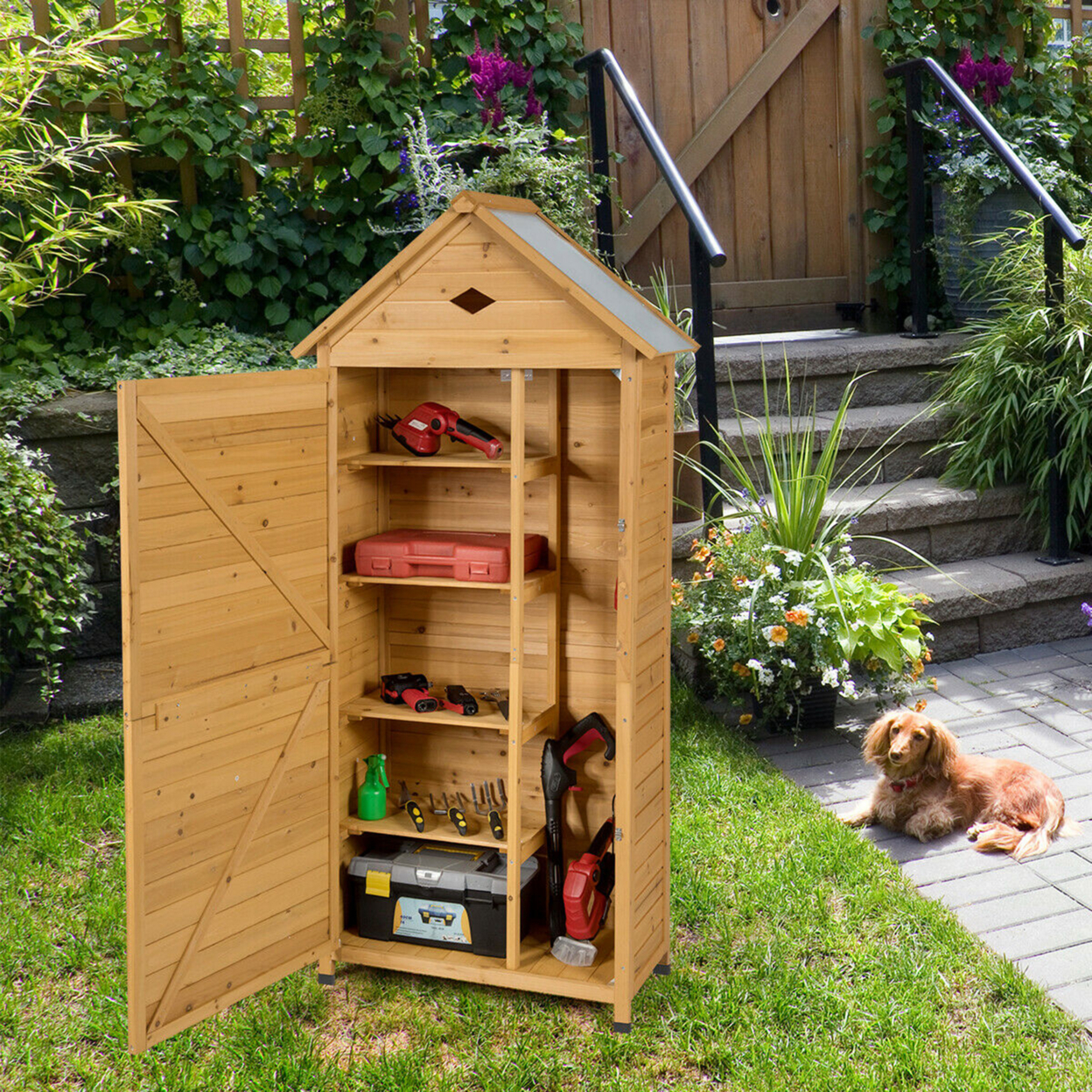 Outdoor Storage Shed Lockable Wooden Garden Tool Storage Cabinet W/ Shelves