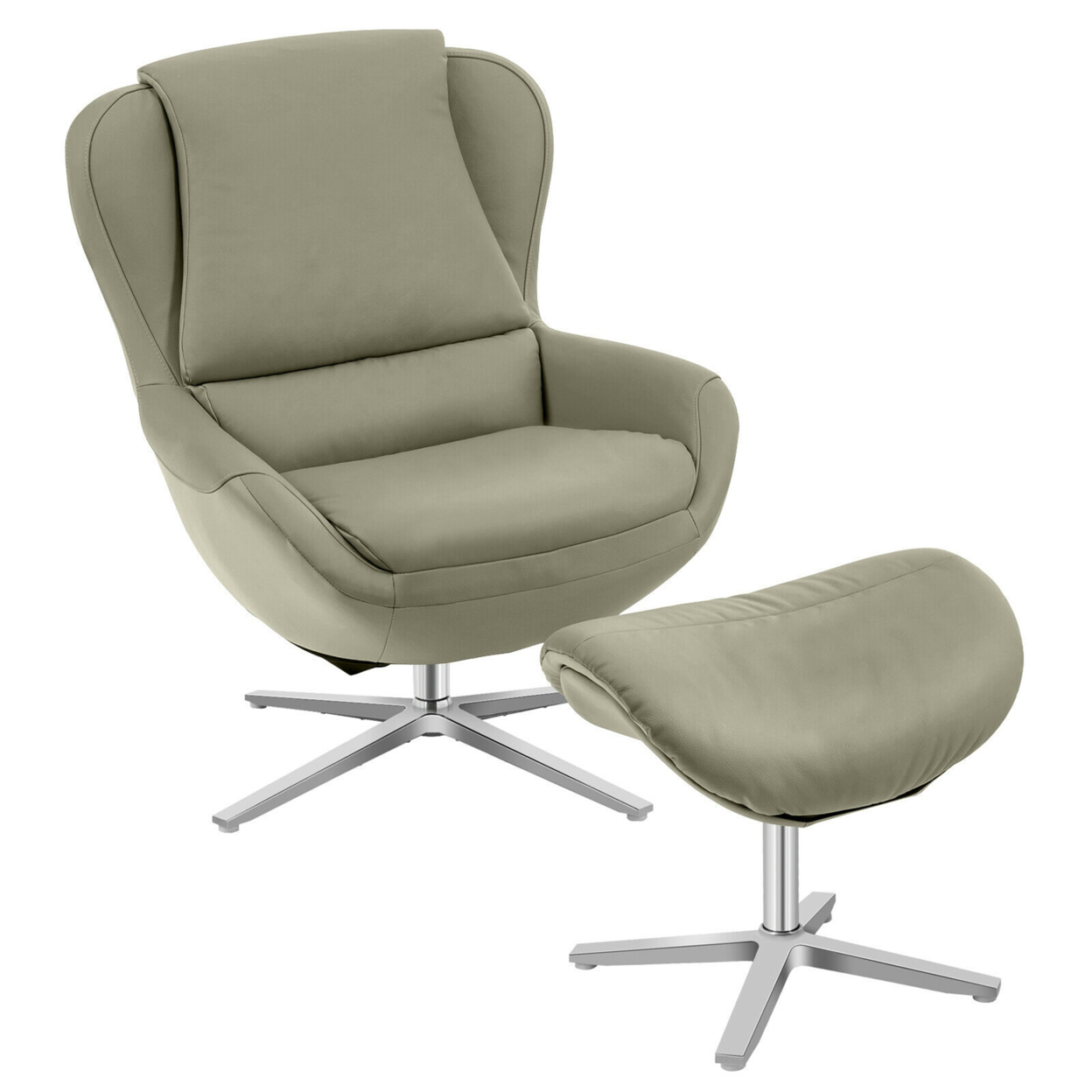 Swivel Rocking Chair Top Grain Leather Lounge Armchair W/Ottoman - Grey