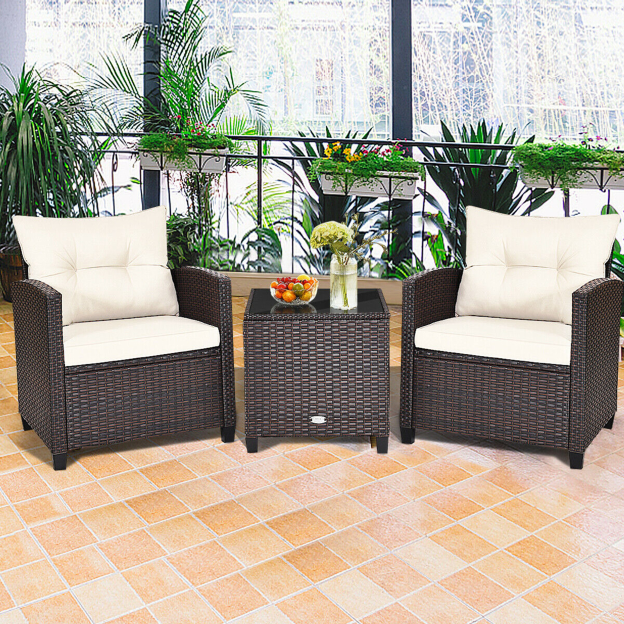 3PCS Outdoor Patio Rattan Conversation Set Garden Yard W/ Off White Cushions