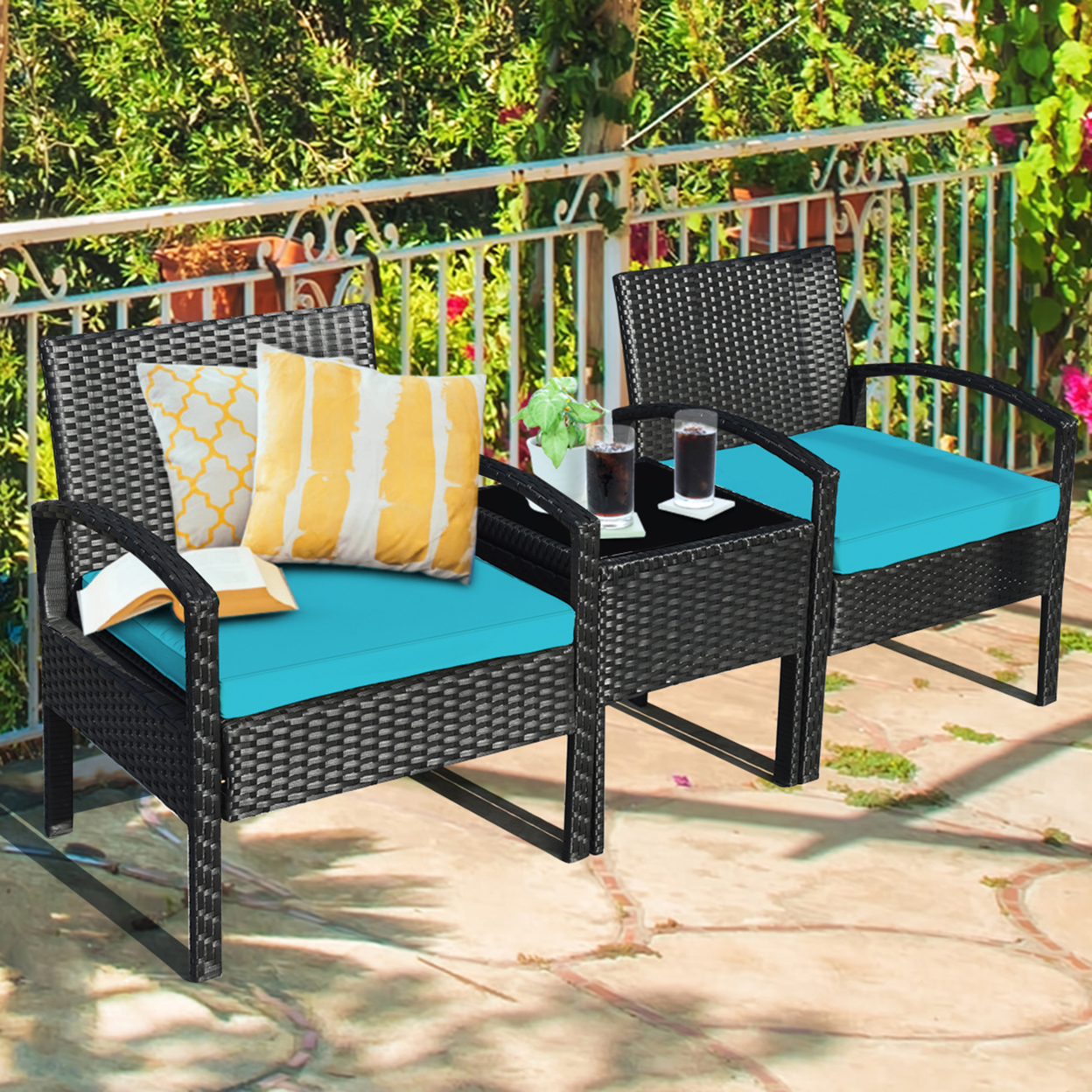 3PCS Patio Rattan Conversation Furniture Set Outdoor Yard W/ Turquoise Cushions