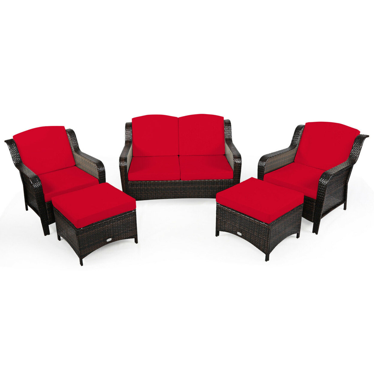 5PCS Rattan Patio Conversation Sofa Furniture Set Outdoor W/ Red Cushions