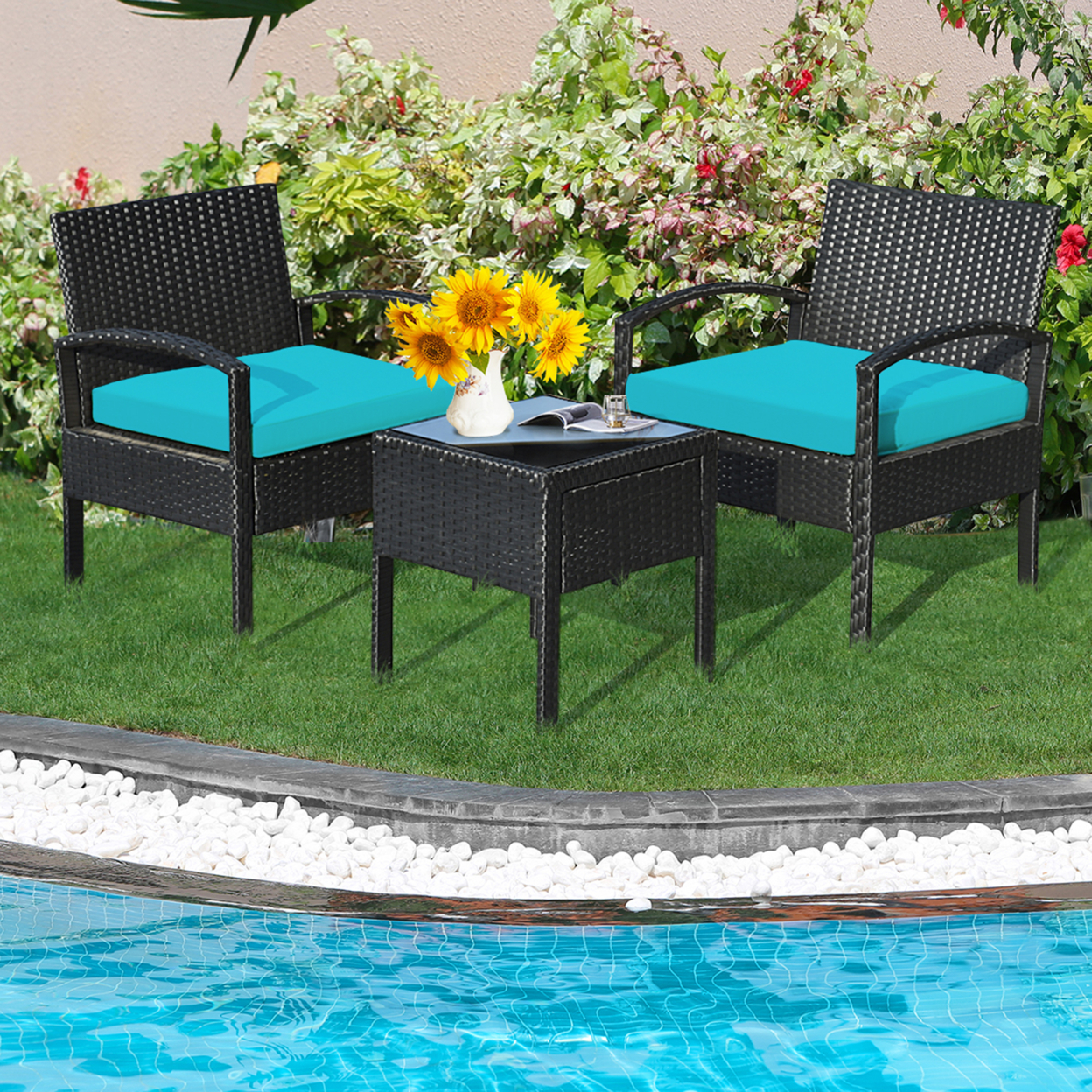 3PCS Patio Rattan Conversation Furniture Set Outdoor Yard W/ Turquoise Cushions
