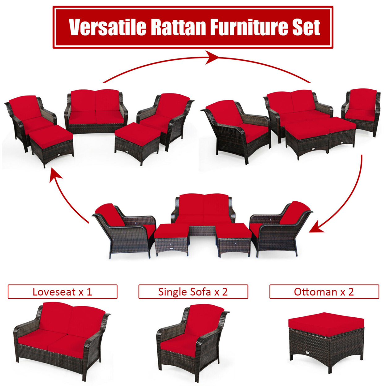 5PCS Rattan Patio Conversation Sofa Furniture Set Outdoor W/ Red Cushions