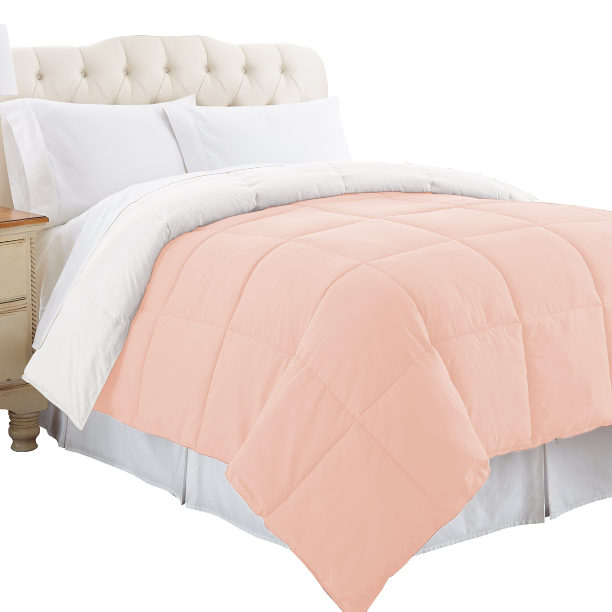 Genoa Twin Size Box Quilted Reversible Comforter The Urban Port, White And Pink- Saltoro Sherpi