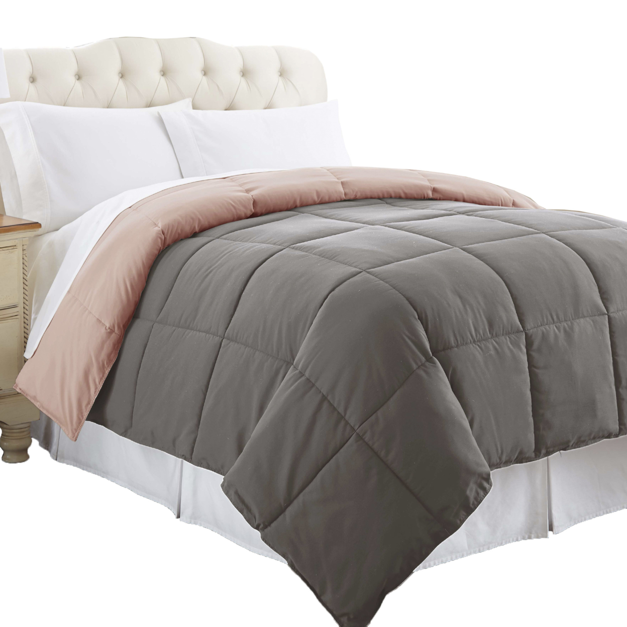 Genoa Twin Size Box Quilted Reversible Comforter The Urban Port, Gray And Pink- Saltoro Sherpi