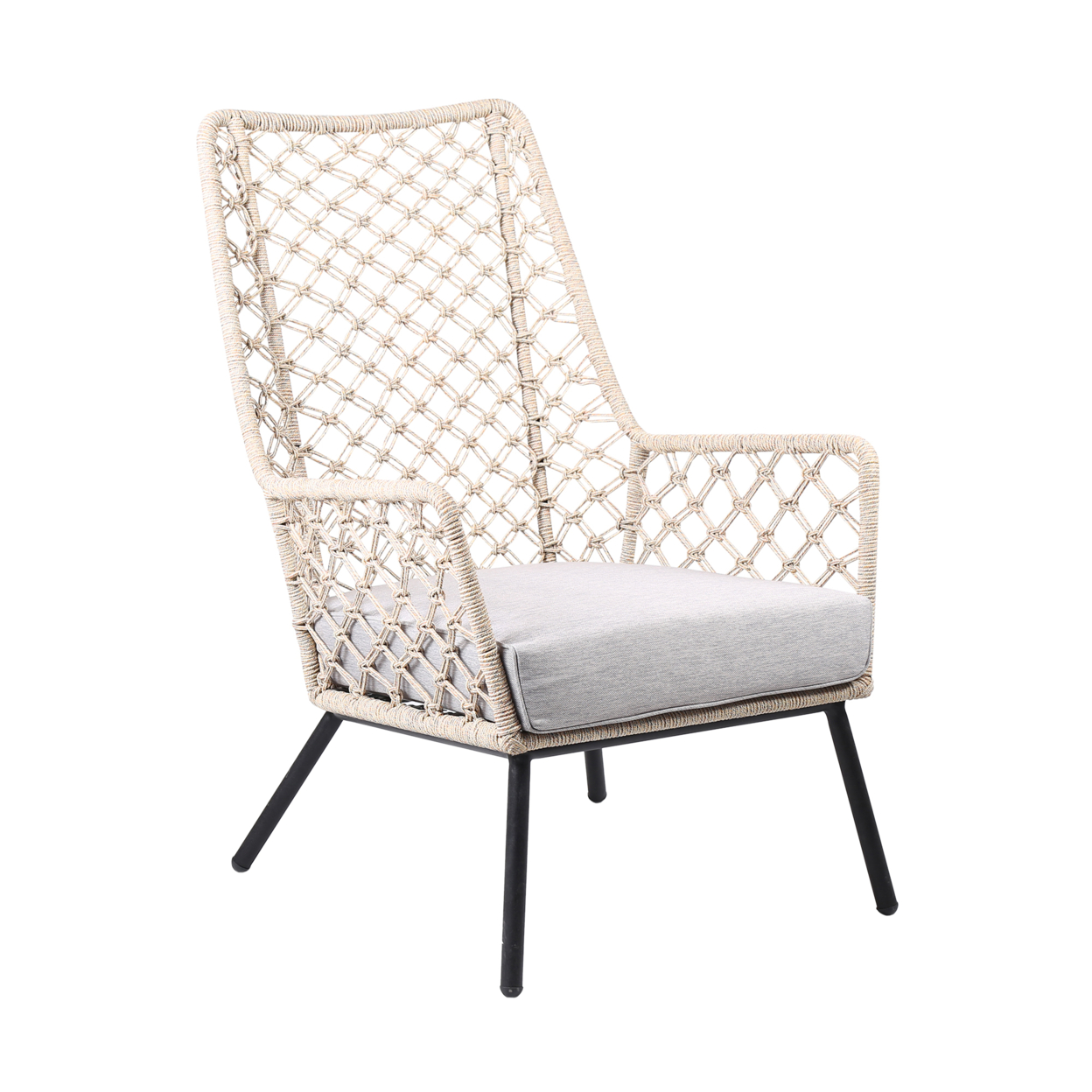 Indoor Outdoor Lounge Chair With Intricate Woven Lattice Back, Beige- Saltoro Sherpi