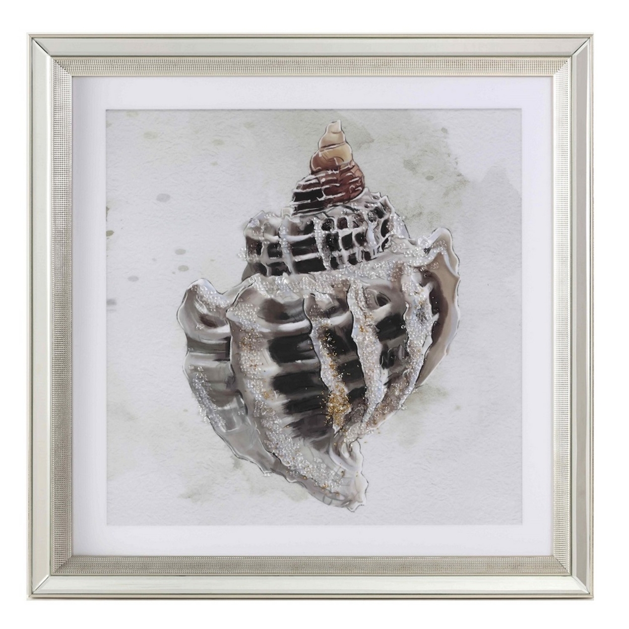 Wall Art With Acrylic Mirror Frame And Painted Conch, Silver- Saltoro Sherpi