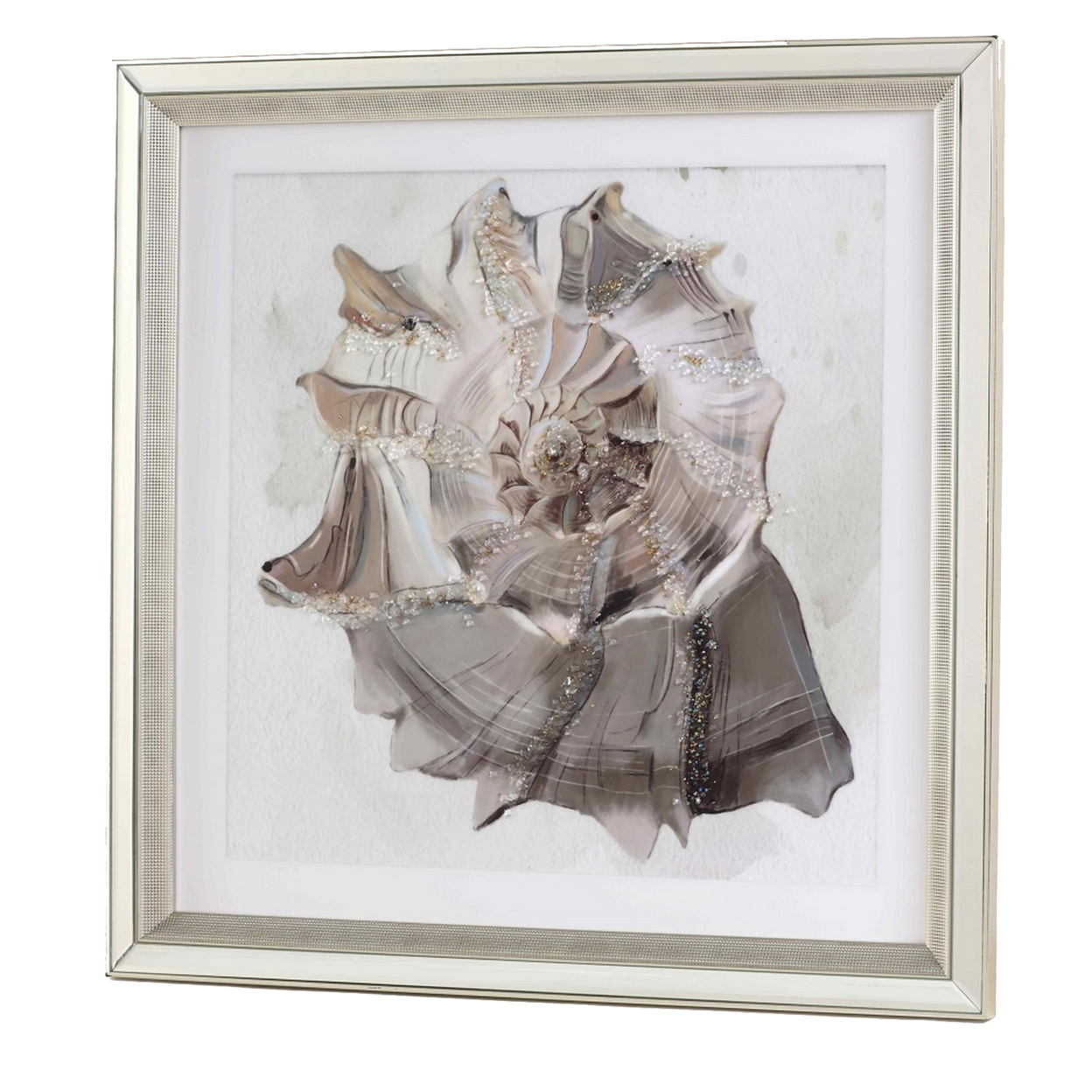 Wall Art With Acrylic Mirrored Frame And Painted Conch, Silver- Saltoro Sherpi
