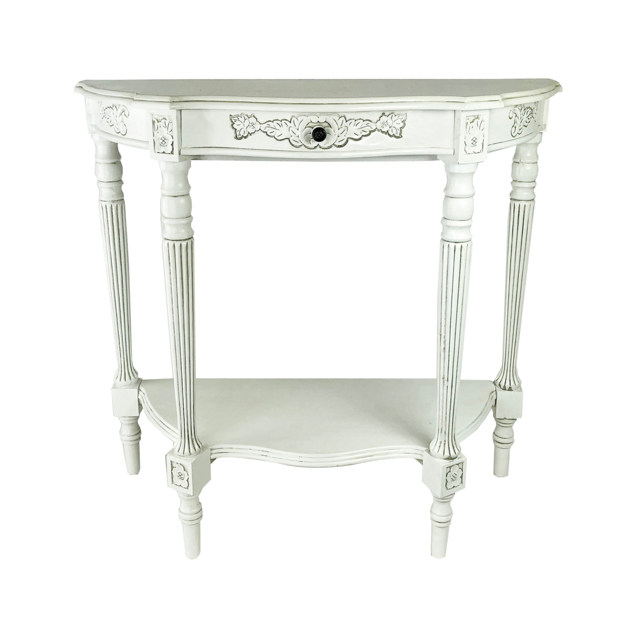 Console Table With Half Moon Silhouette And Carvings, Antique White- Saltoro Sherpi
