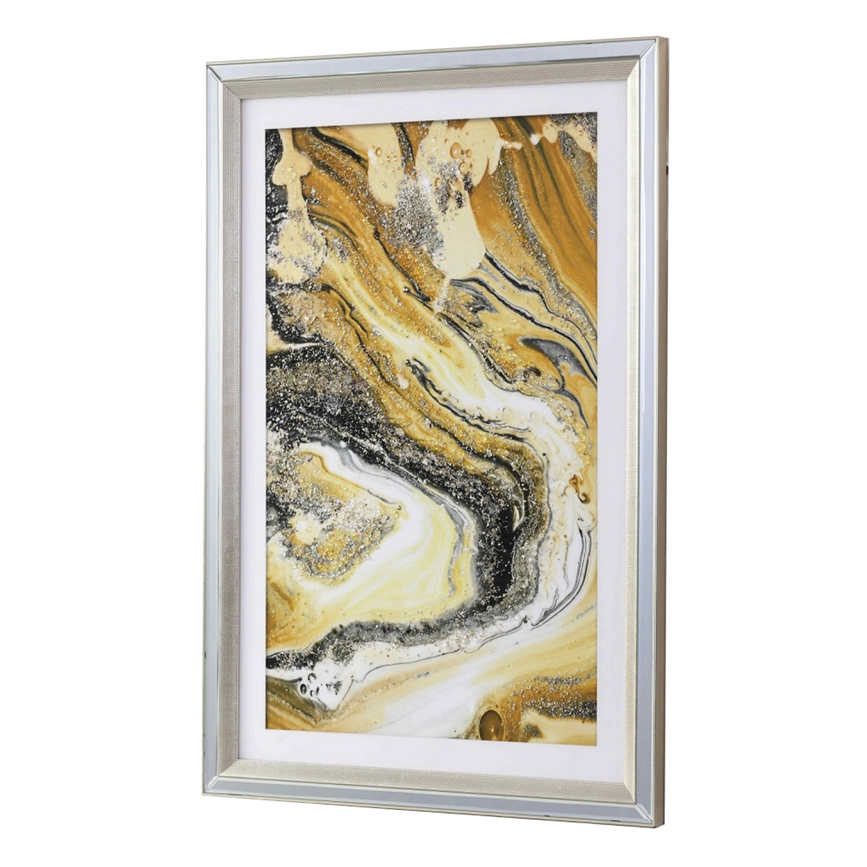 Wall Art With Abstract Design And Acrylic Mirror Frame, Silver And Yellow- Saltoro Sherpi