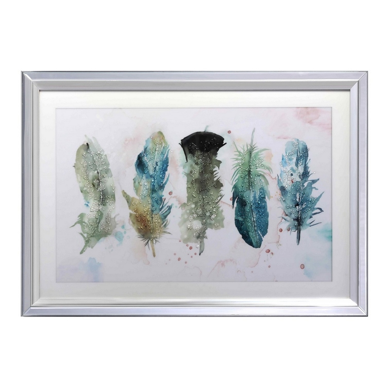 Wall Art With Painted Feathers And Acrylic Mirror Frame, Silver And Gray- Saltoro Sherpi