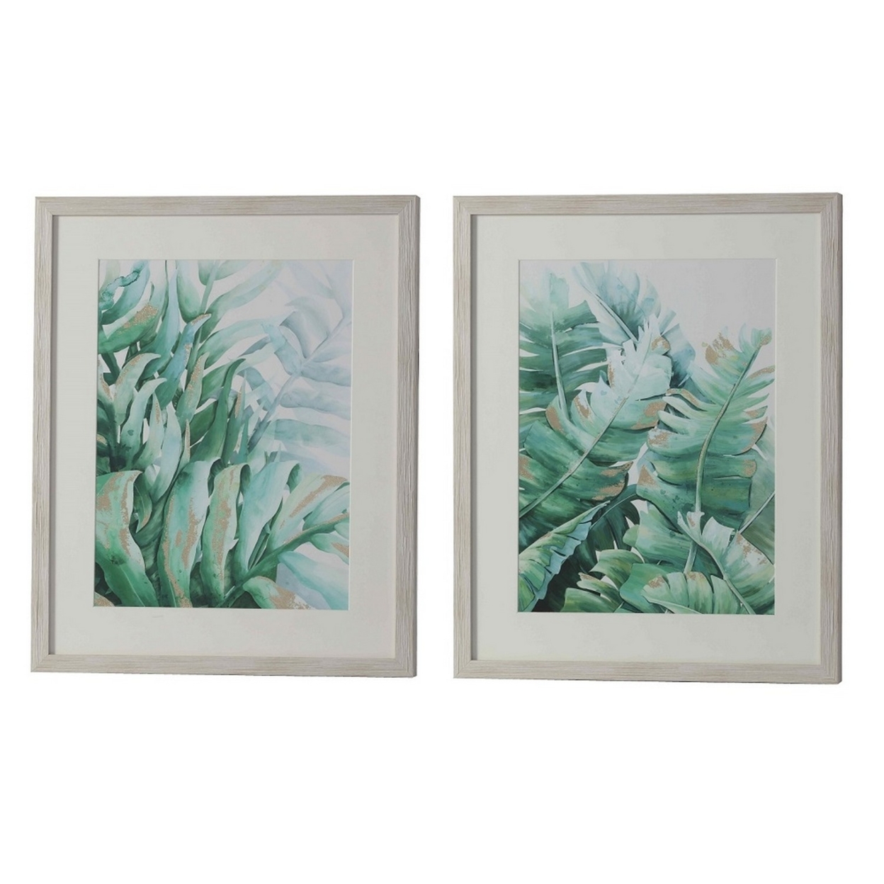 Wall Art With Painted Tropical Leaves, Set Of 2, Gray And Green- Saltoro Sherpi