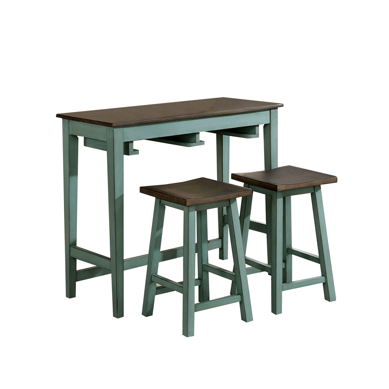 3 Piece Bar Table Set With Contoured Seat, Antique Blue And Brown- Saltoro Sherpi