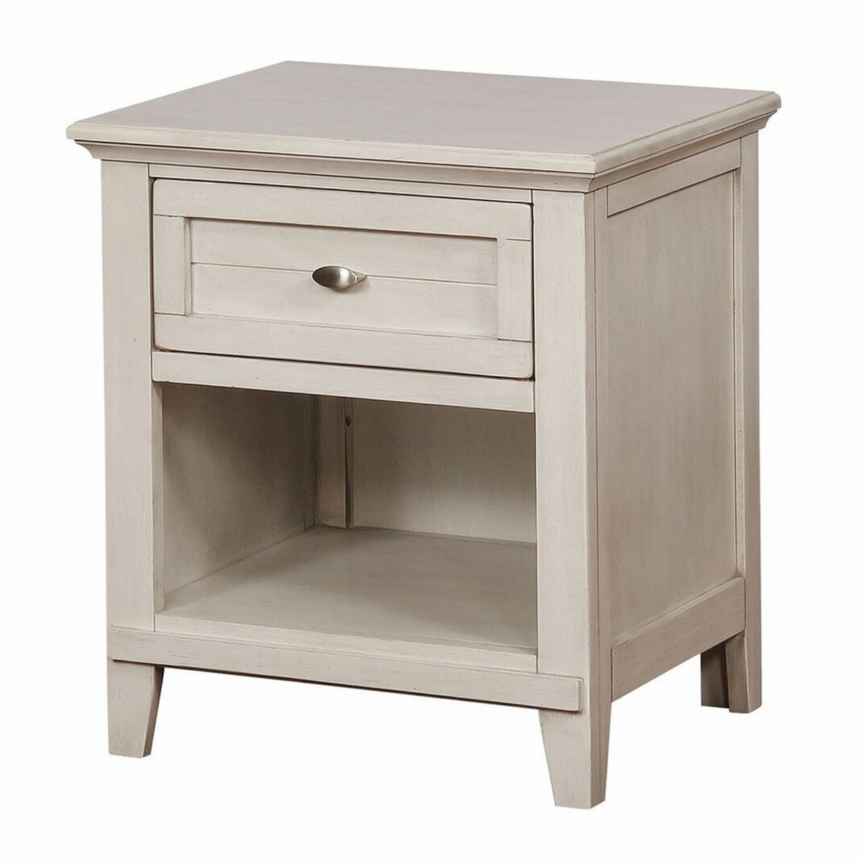 Nightstand With Plank Front Drawer And 1 Open Shelf, White- Saltoro Sherpi
