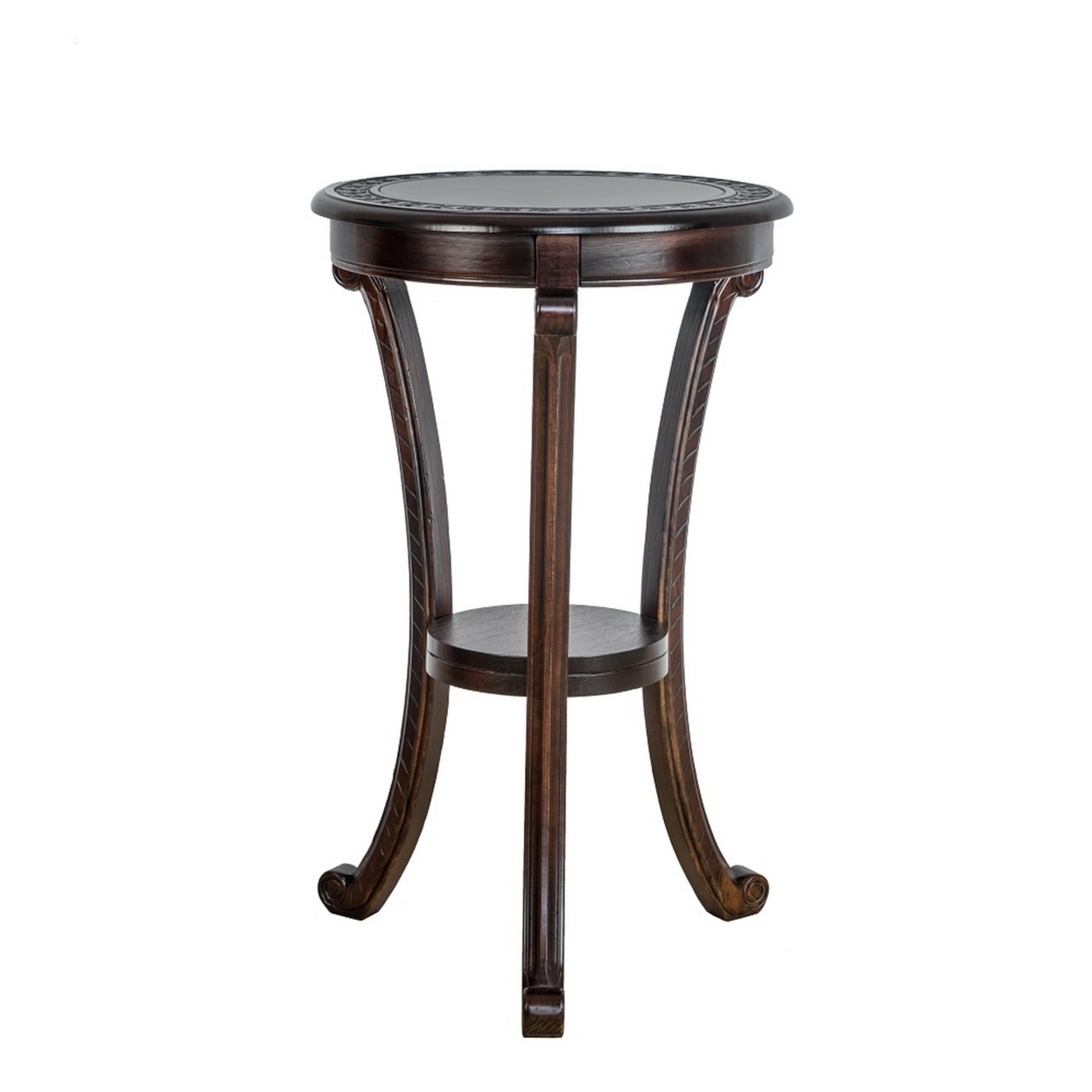 Pedestal With 1 Shelf And Intricate Carved Cabriole Legs, Brown- Saltoro Sherpi