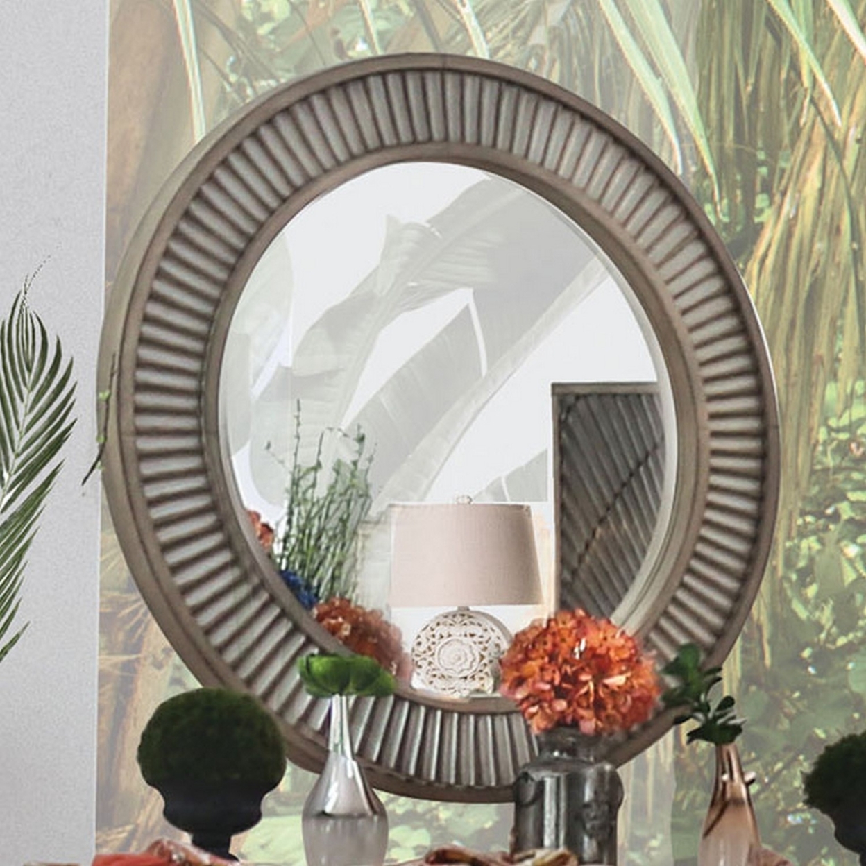 Wall Mirror With Round Reeded Design Wooden Frame, Antique Gray- Saltoro Sherpi