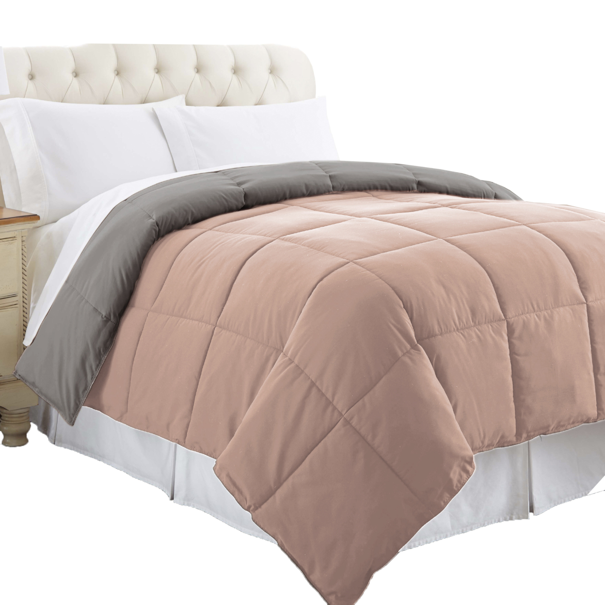 Genoa Twin Size Box Quilted Reversible Comforter The Urban Port, Gray And Pink- Saltoro Sherpi