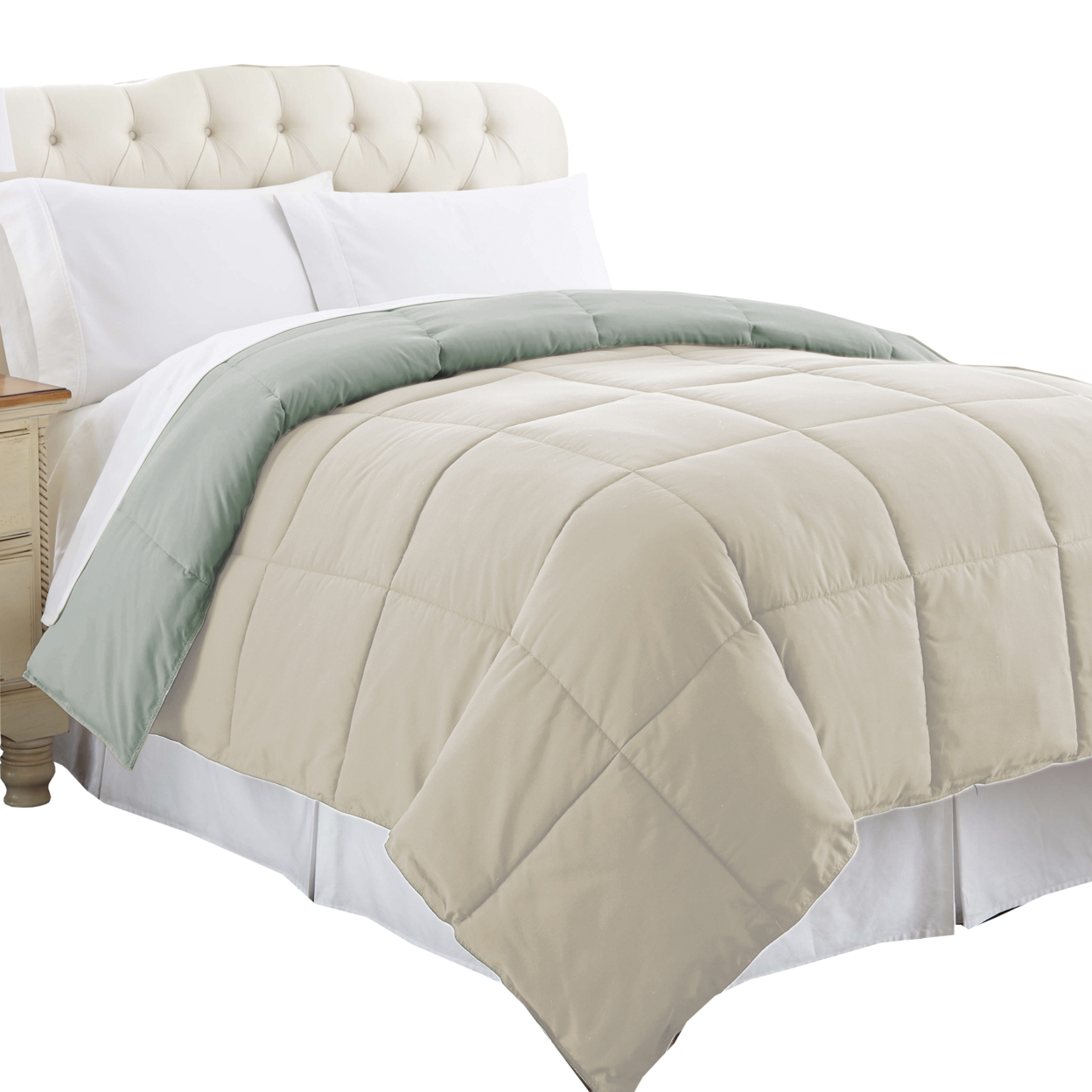 Genoa Twin Size Box Quilted Reversible Comforter The Urban Port, Gray And Beige- Saltoro Sherpi