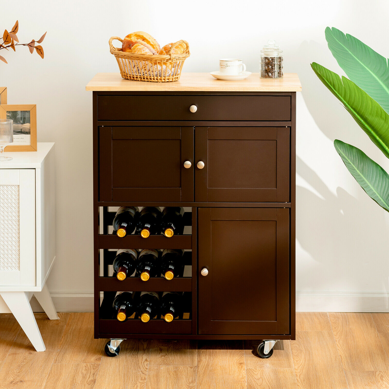Rolling Kitchen Island Serving Cart Storage Cabinet W/ Wine Rack - Brown