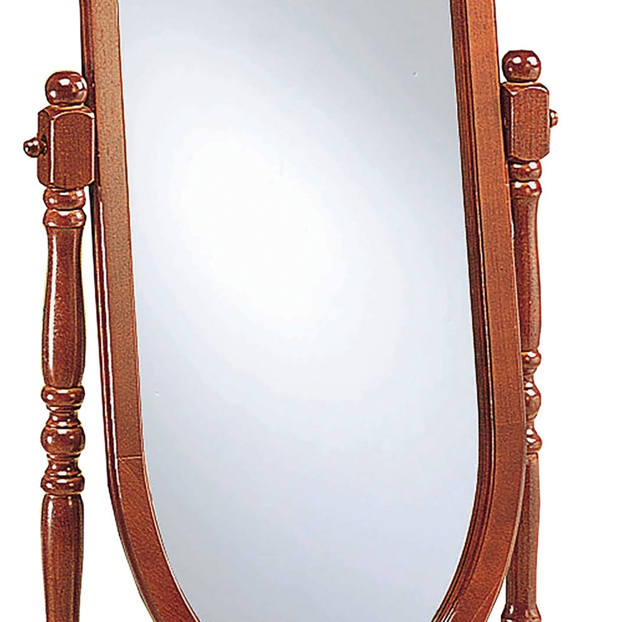 Standing Cheval Mirror With Oval Frame Turned Posts, Brown- Saltoro Sherpi