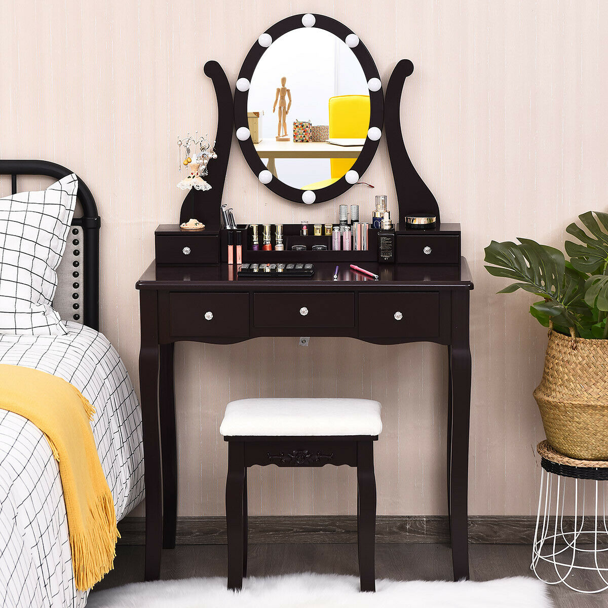 Vanity Table Set W/10 Light Bulbs And Touch Switch Makeup Dressing Table White/Brown/Black - Brown