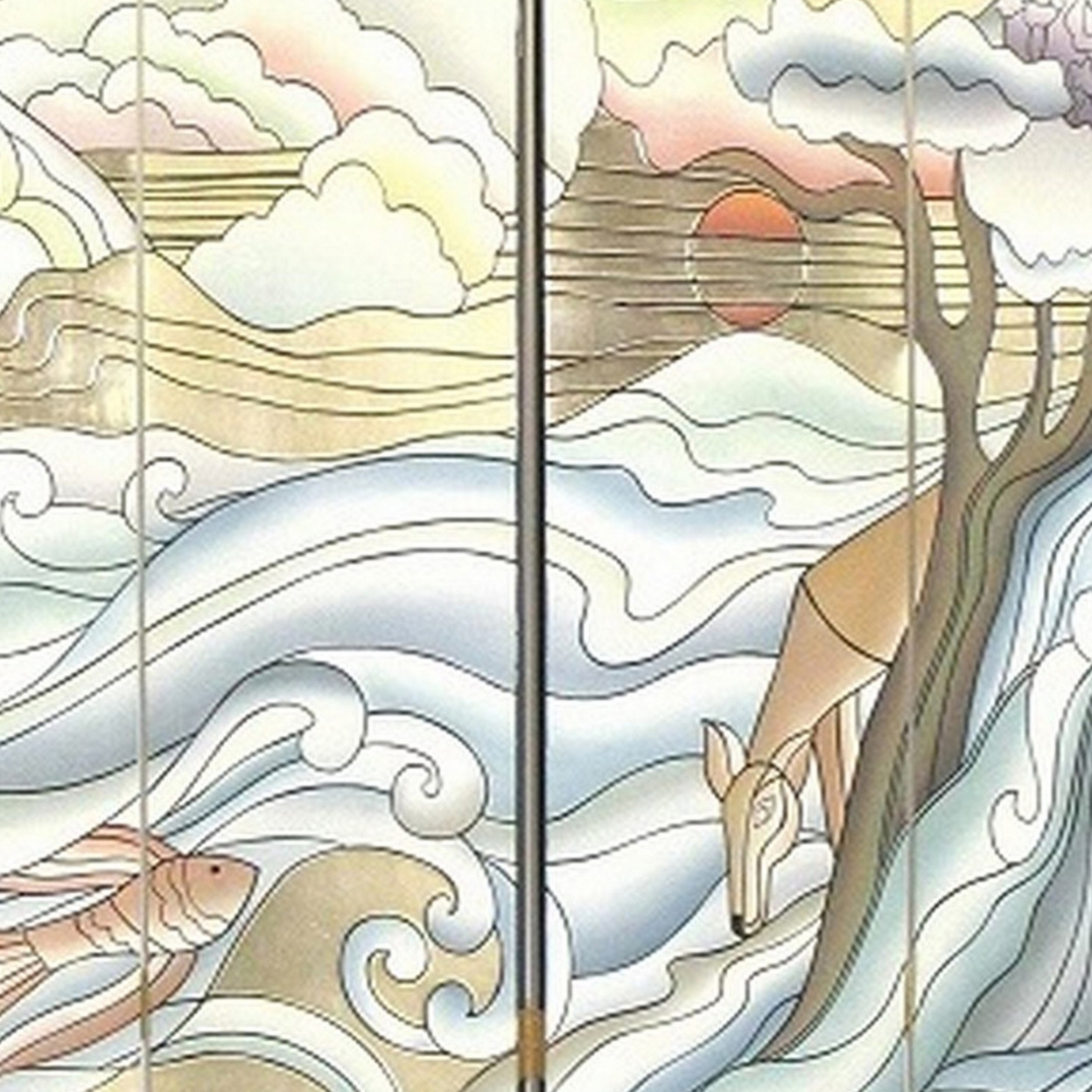 4 Panel Screen With Hand Painted Sea Wave Design, Multicolor- Saltoro Sherpi