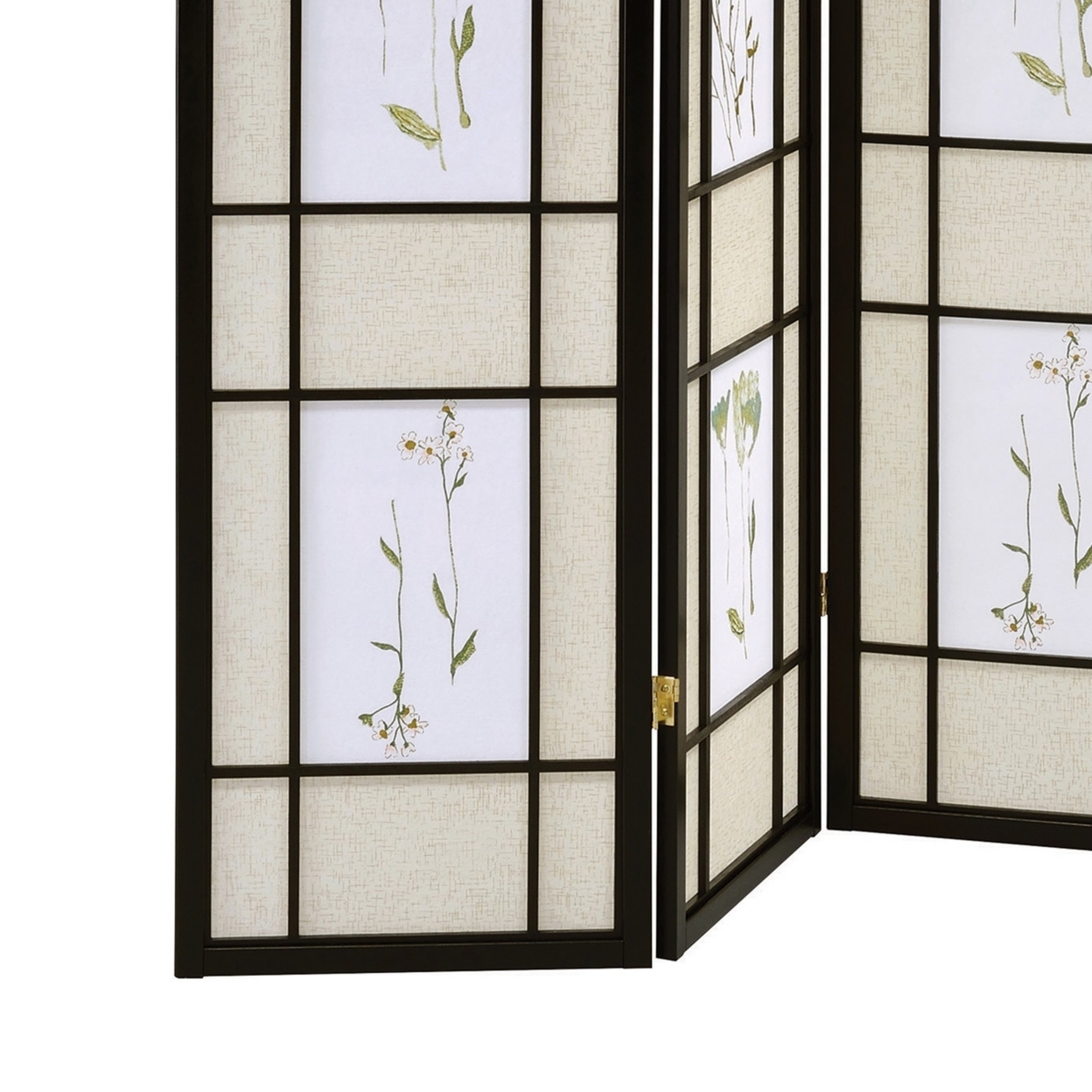 4 Panel Screen With Floral Print Detailing And Wooden Frame, Black- Saltoro Sherpi