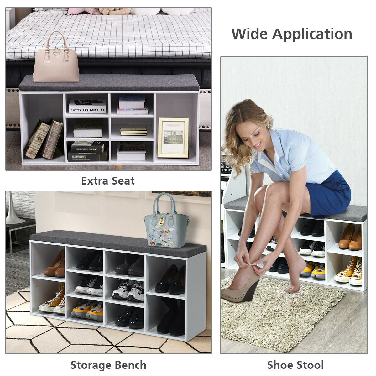 Entryway Padded Shoe Storage Bench 10-Cube Organizer Bench Adjustable - Grey