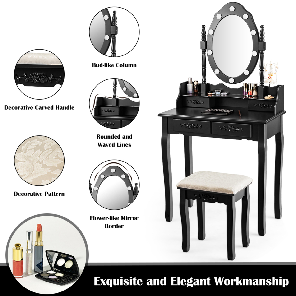 Makeup Vanity Dressing Table Set W/10 Dimmable Bulbs Cushioned Stool - Black
